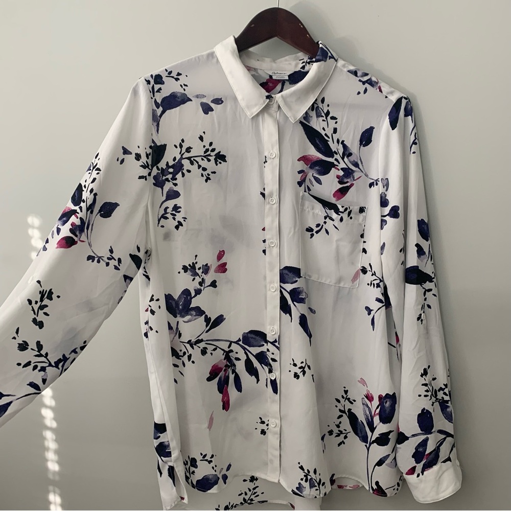Reitmans White Blouse with Pink and Blue Floral Design